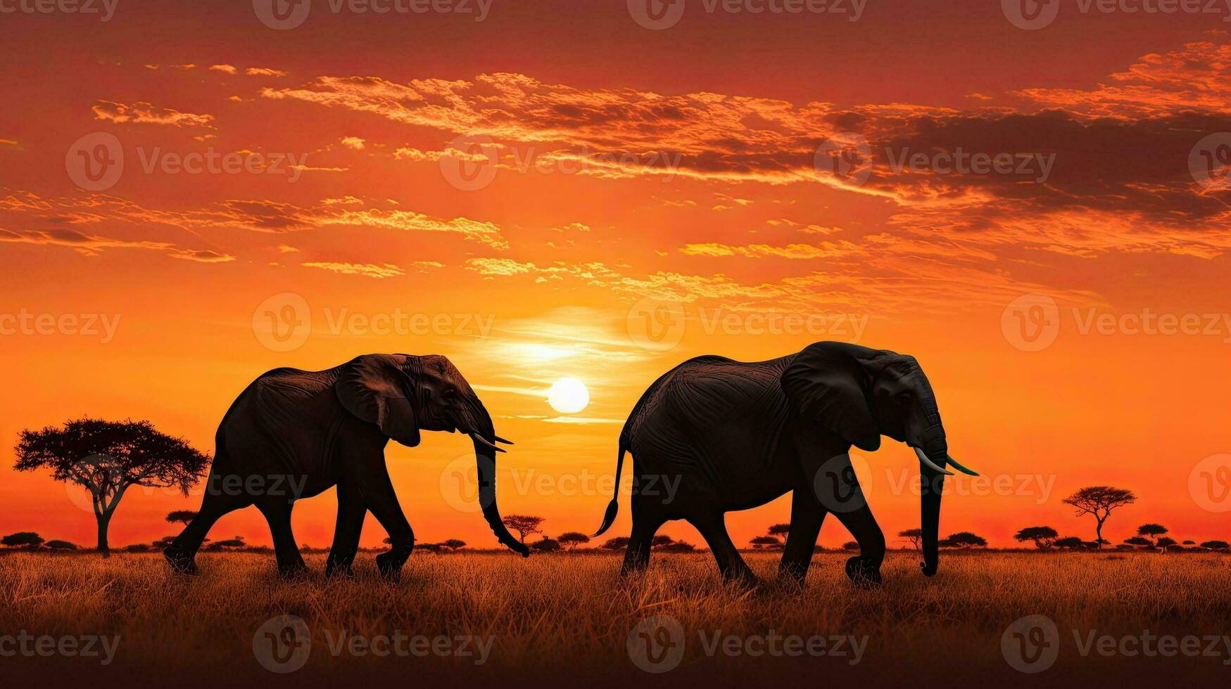 Mother and baby elephants silhouettes during an African sunset photo