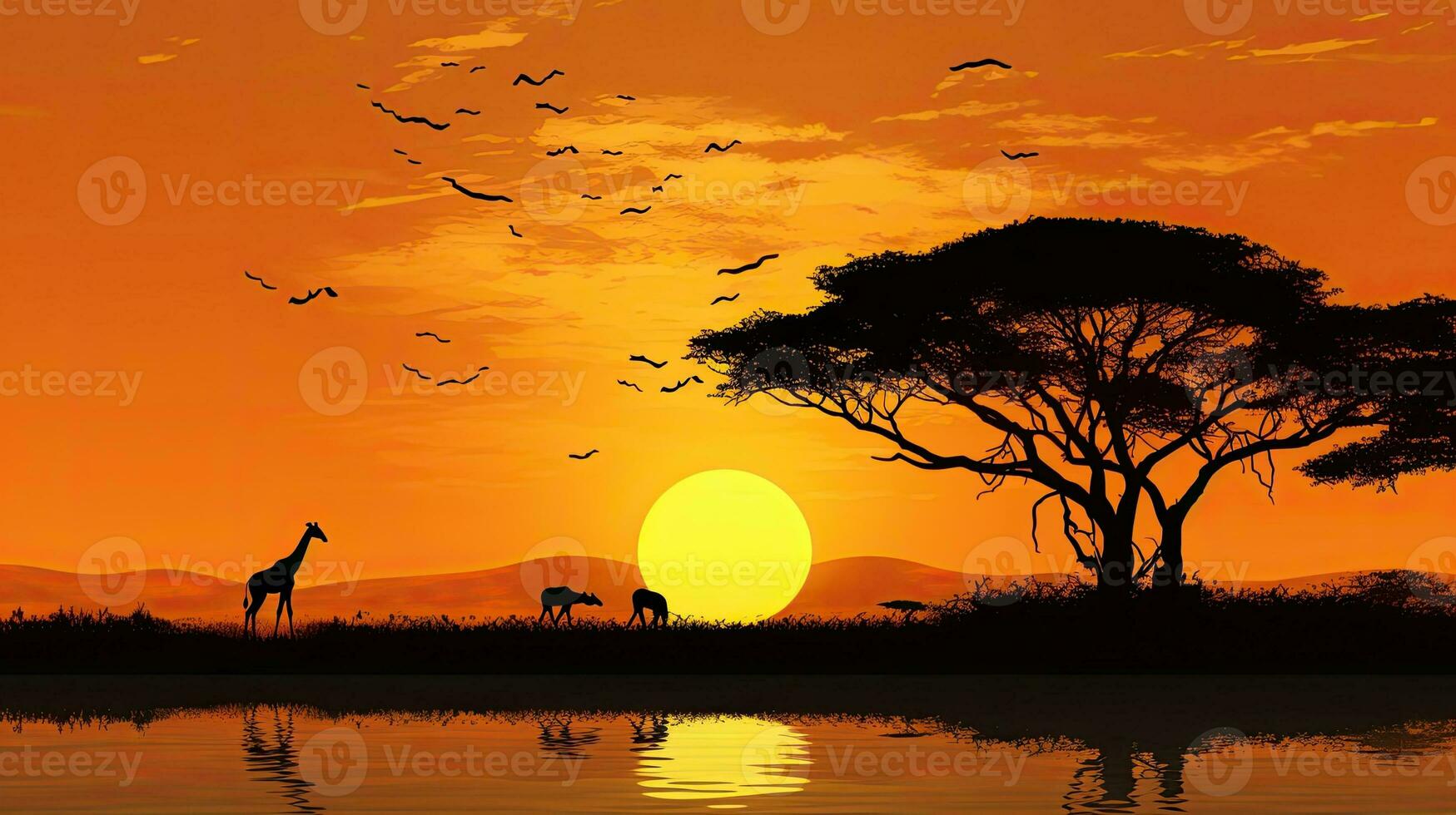 Masai Mara s typical African sunset with acacia trees and a giraffe family silhouetted against a setting sun reflected on water photo