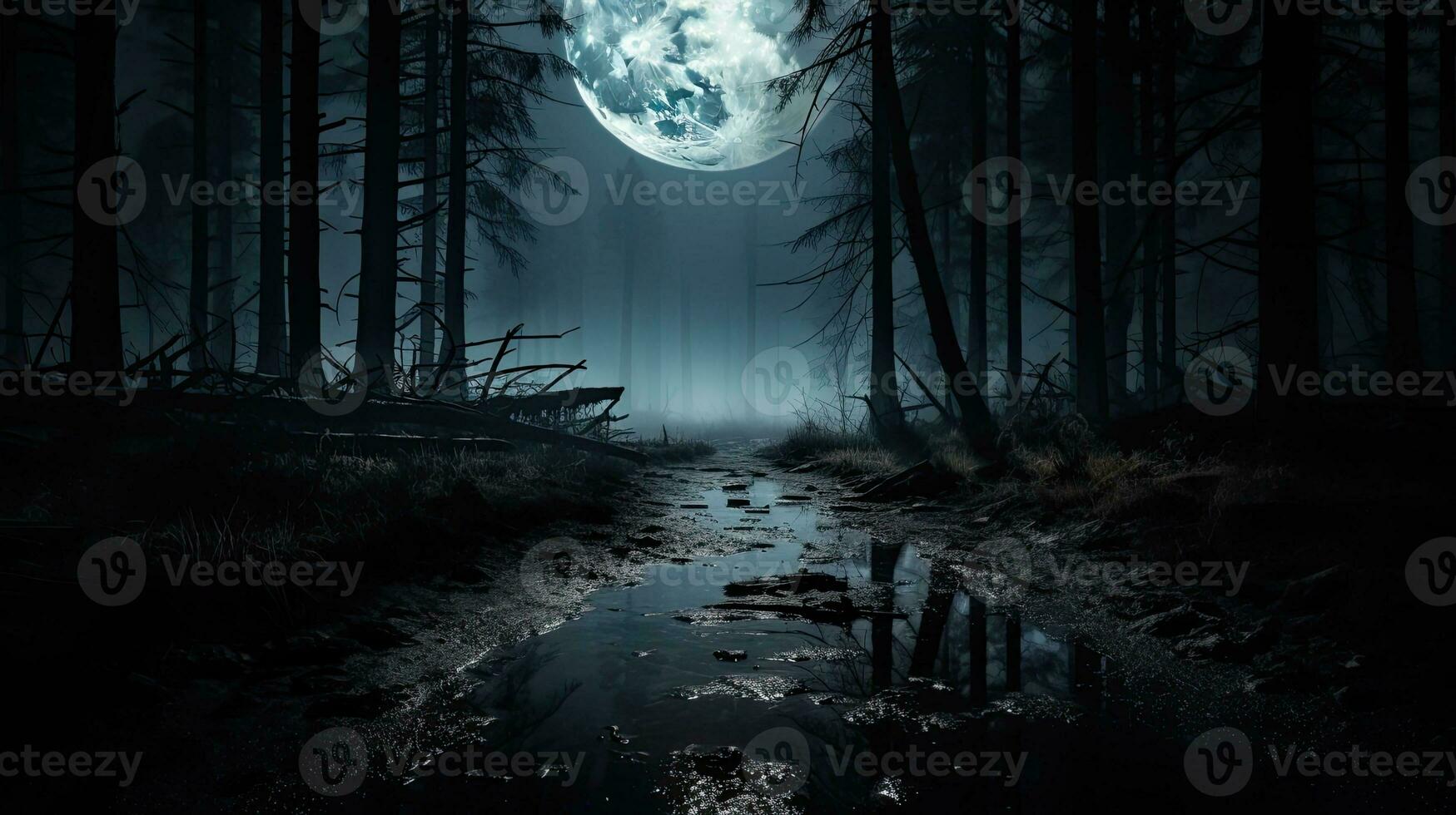 Mysterious forest with a moonlit path fog and a Halloween backdrop hint photo