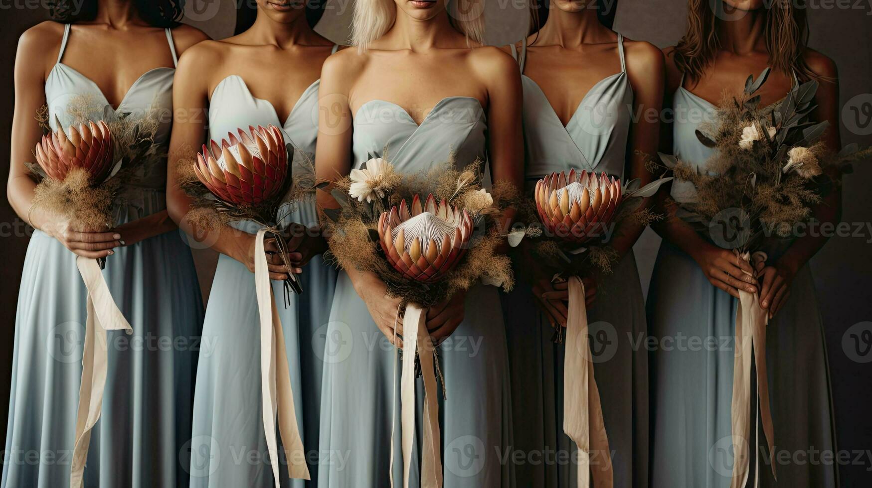 Luxury wedding with bridesmaids in blue dresses and a bride in a white gown holding protea bouquets photo