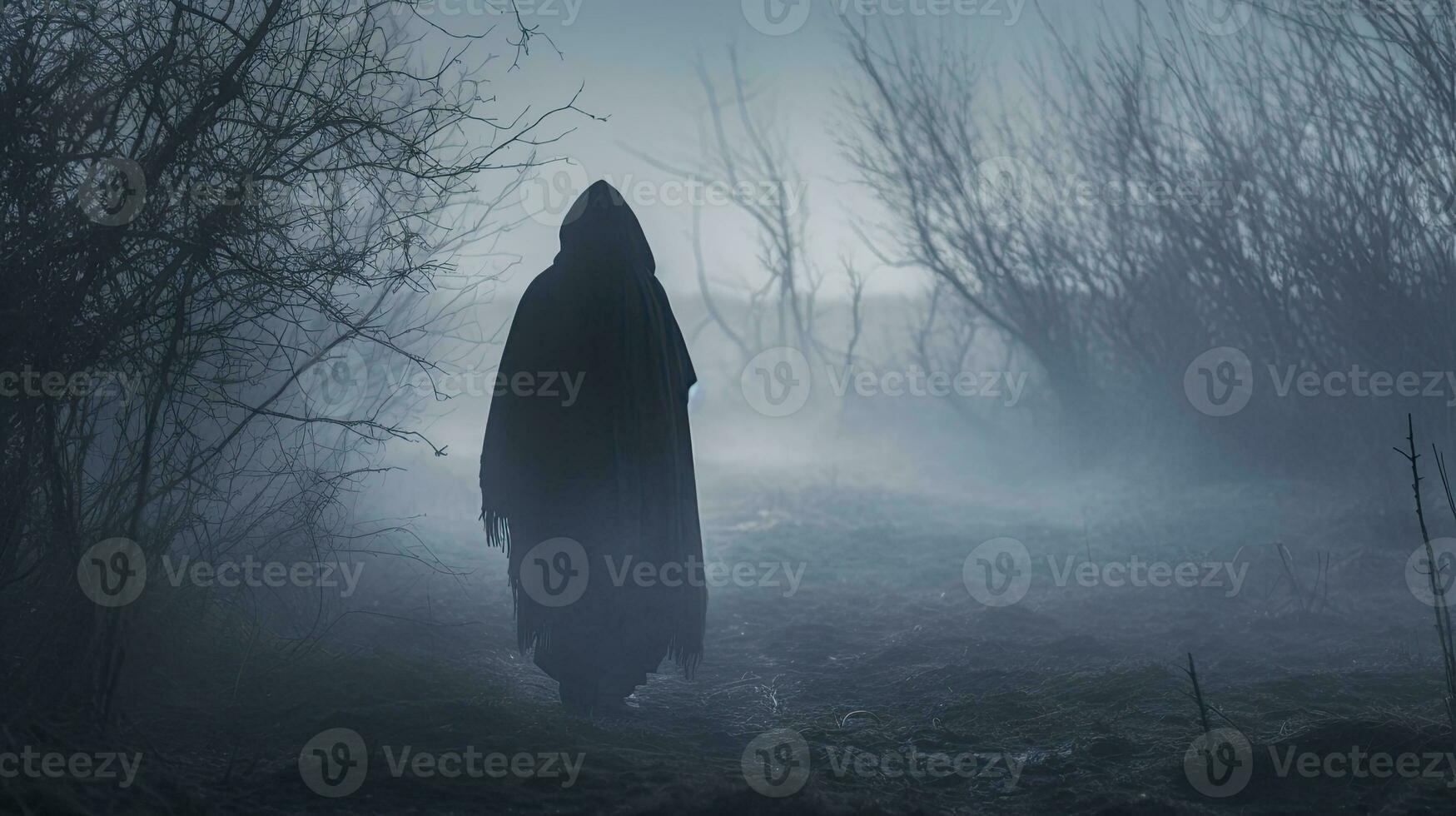 A figure with a hood facing away from the camera peering through mist on a cold countryside winter day photo