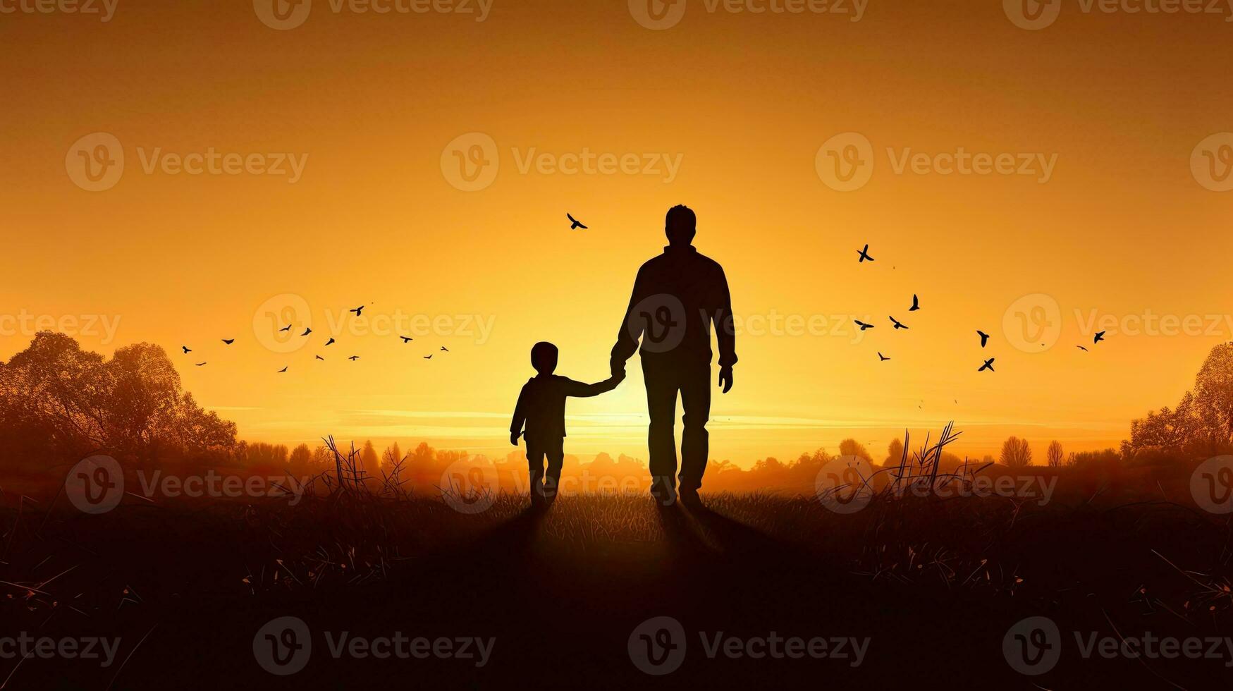 International migrants day Silhouettes of a father and son holding hands on an autumn meadow at sunset photo