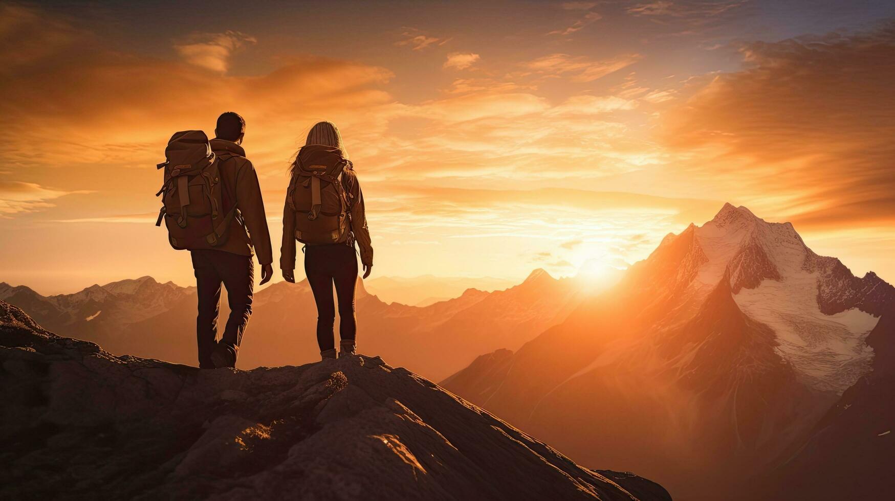 Couple embracing freedom gazing at mountain sunset photo