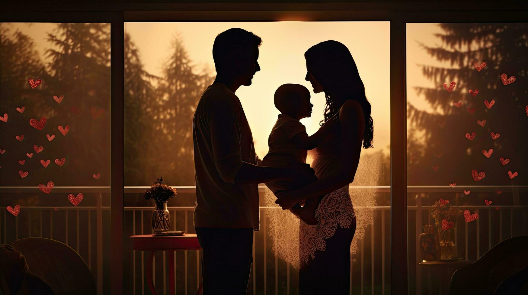 Happy parents holding newborn baby by window heart shaped silhouettes photo