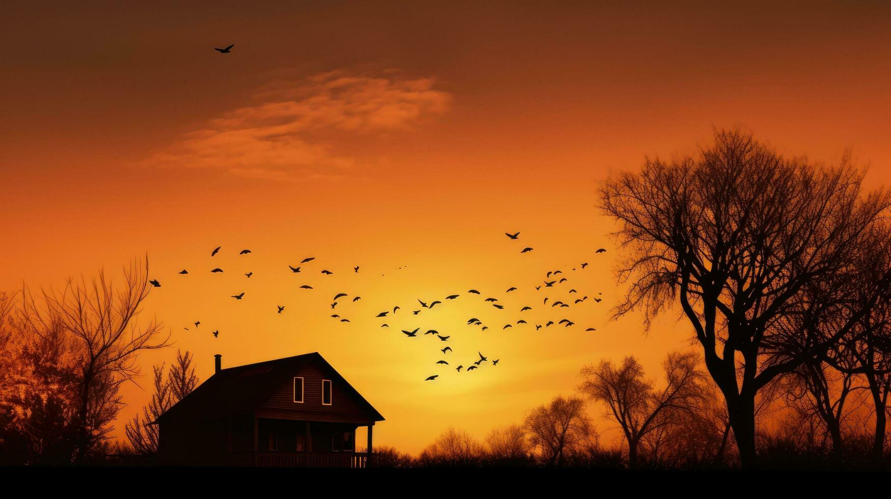 arboles y hogar contorno con aves en puesta de sol cielo creando un pacífico naturaleza atmósfera foto