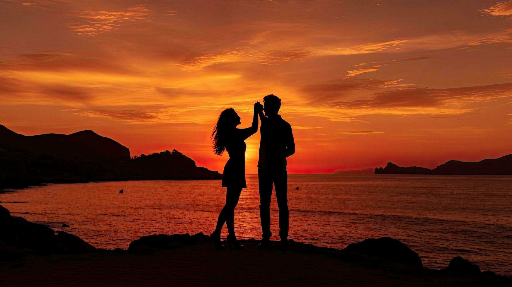 Unforgettable romantic moment as a non recognizable couple takes a selfie with a smartphone at a famous sunset point in Sardinia Italy photo