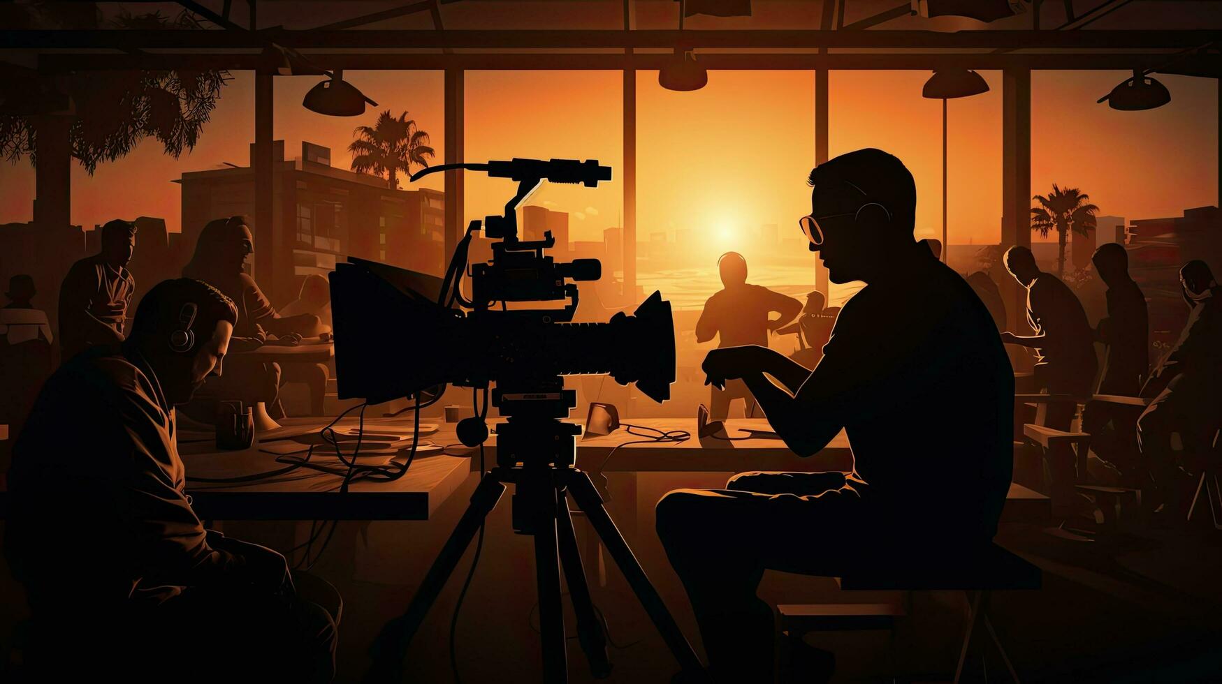 Cameraman operating video equipment indoors silhouette at a meeting room photo