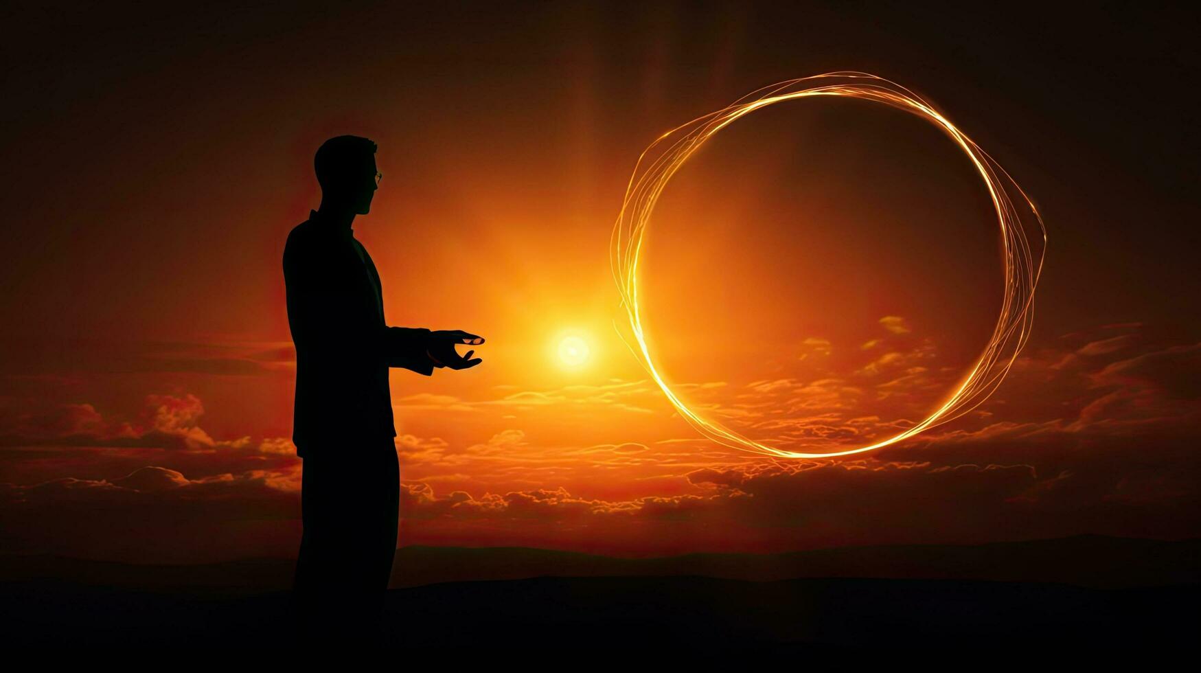 Man s hand holding a circle online networking futuristic technology concept at sunset photo