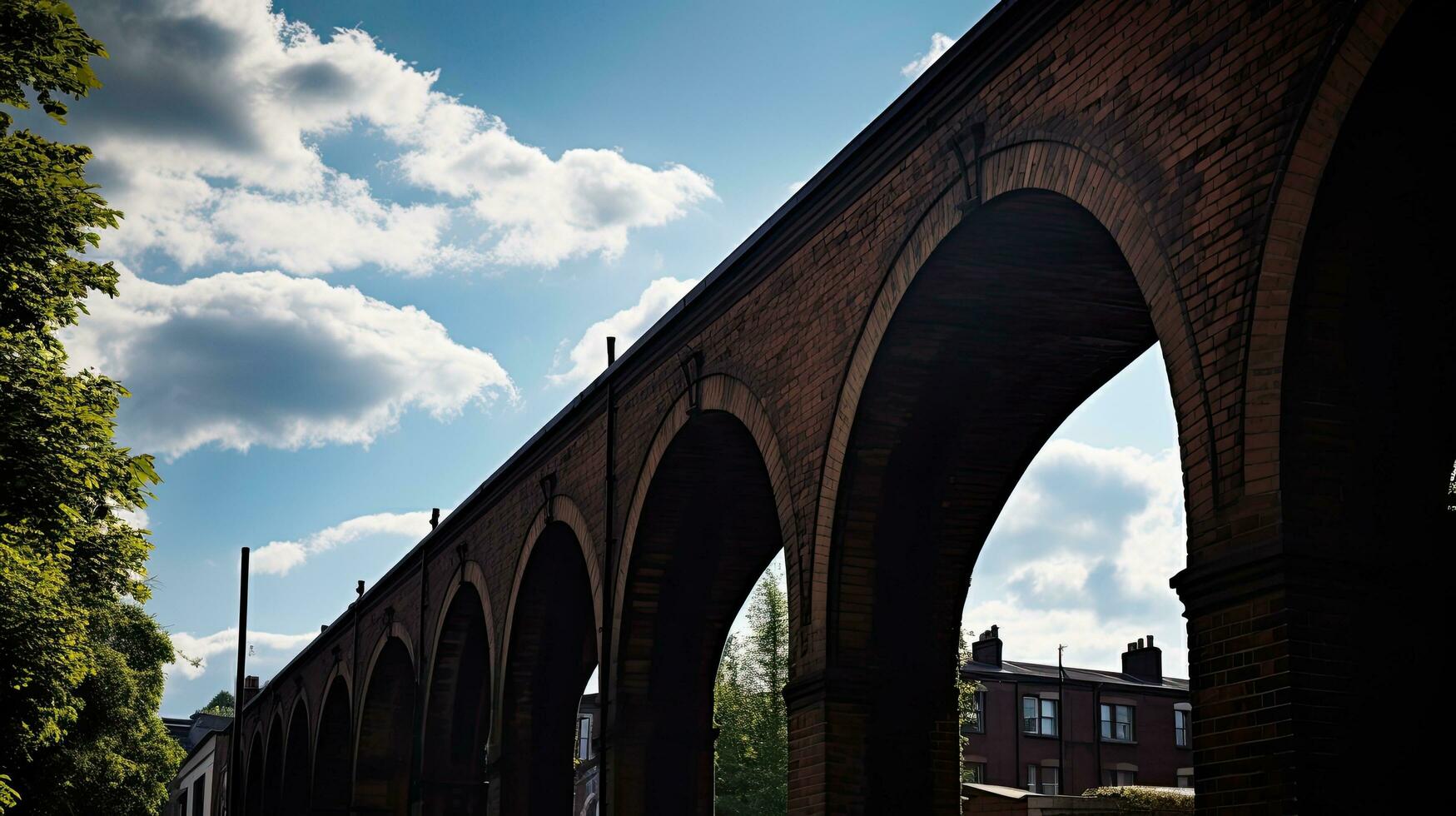 Chimney tops under railway bridge arches on homes below the red brick train arches silhouetted on a sunny day in Mansfield town Nottinghamshire photo