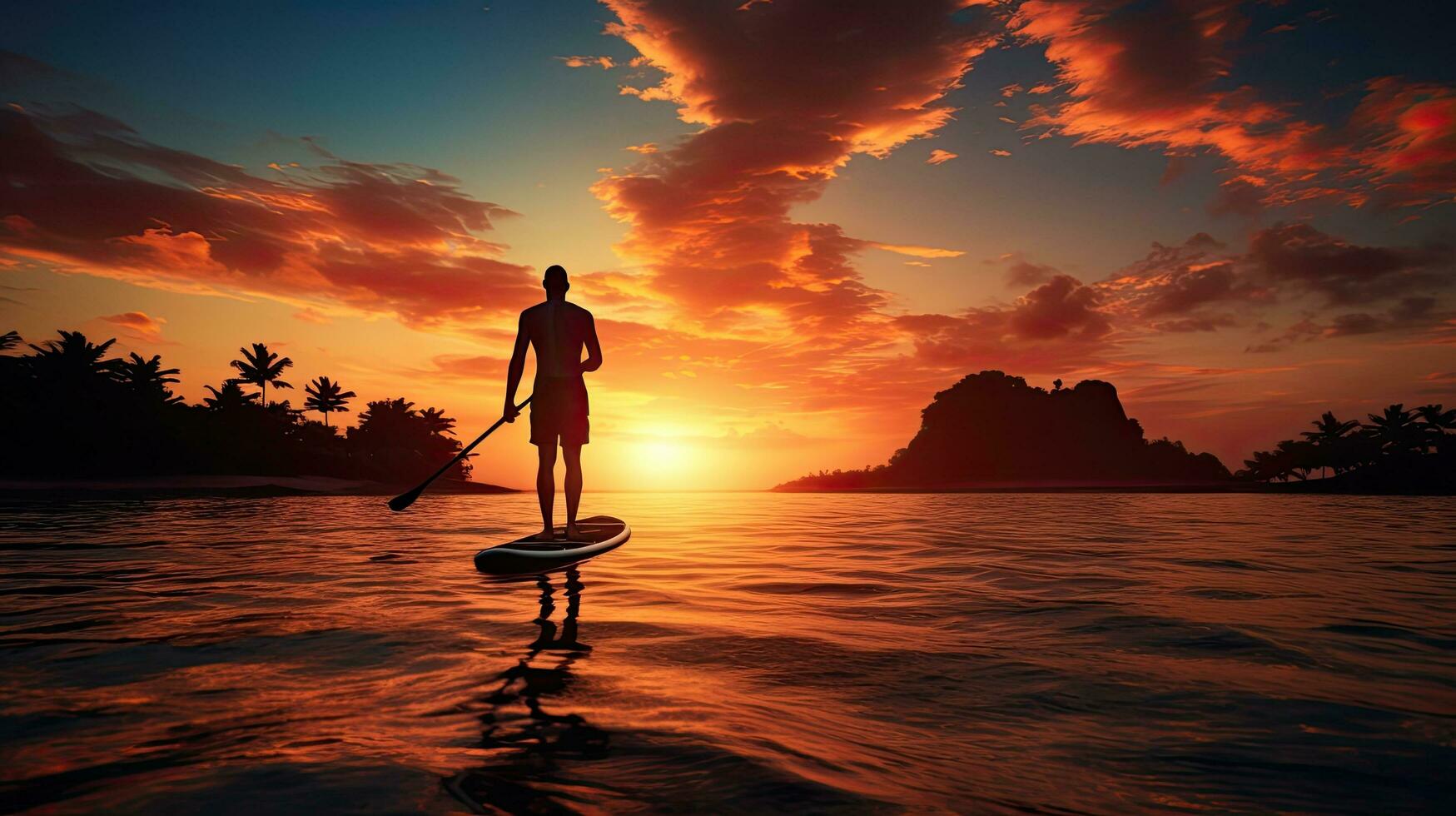 Male paddle boarder silhouette at sunset on shore photo