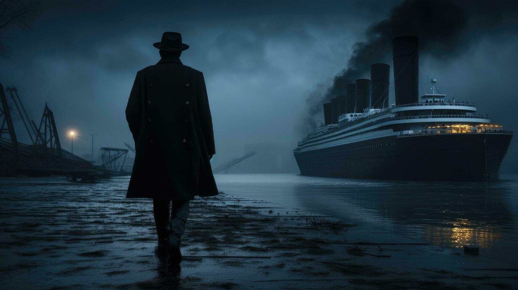 A figure in black attire strolls beside the vessel on the bank photo