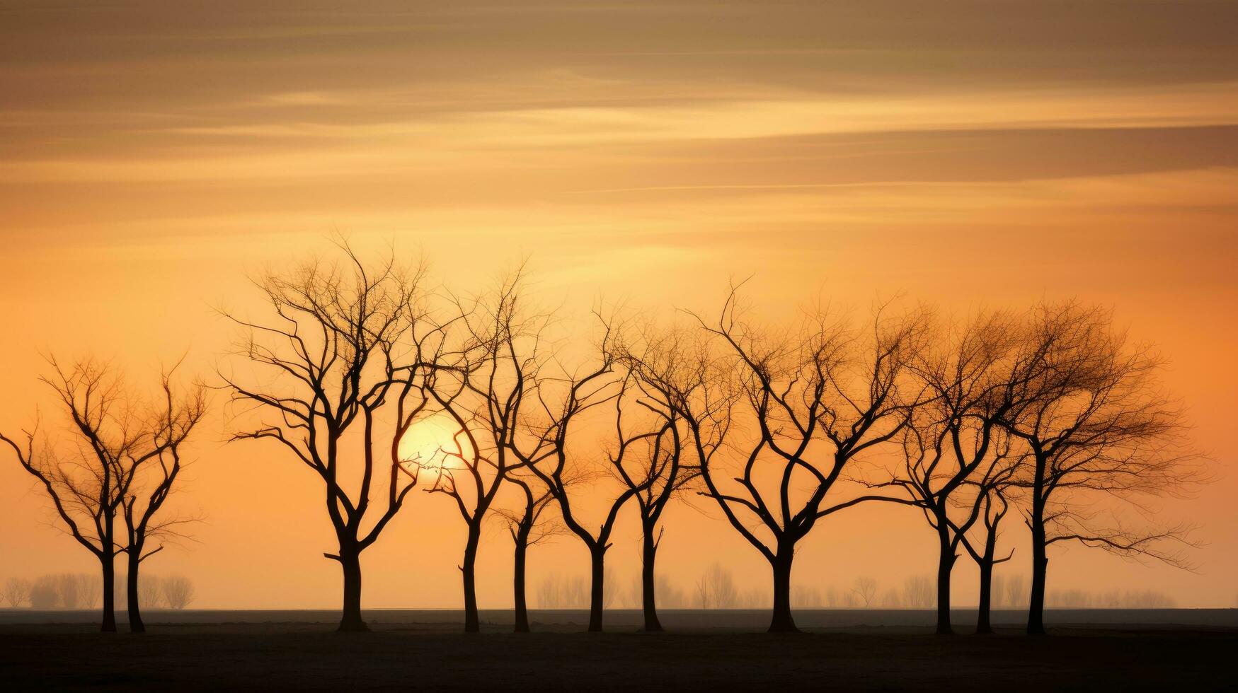 Golden evening sky in the Flemish countryside with bare tree silhouettes photo