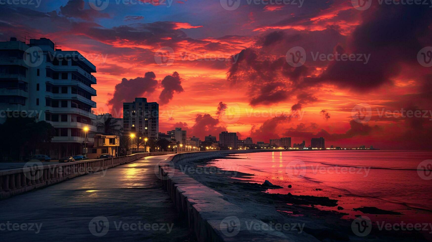 Sunset clouds over Malecon promenade street and Vedado district Havana Cuba photo