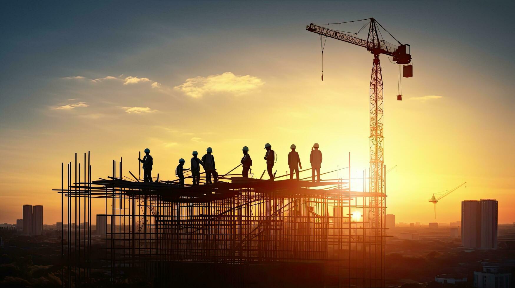 construcción grúas y trabajadores en un residencial edificio en contra un soleado cielo ciudad alojamiento construcción Departamento bloquear foto