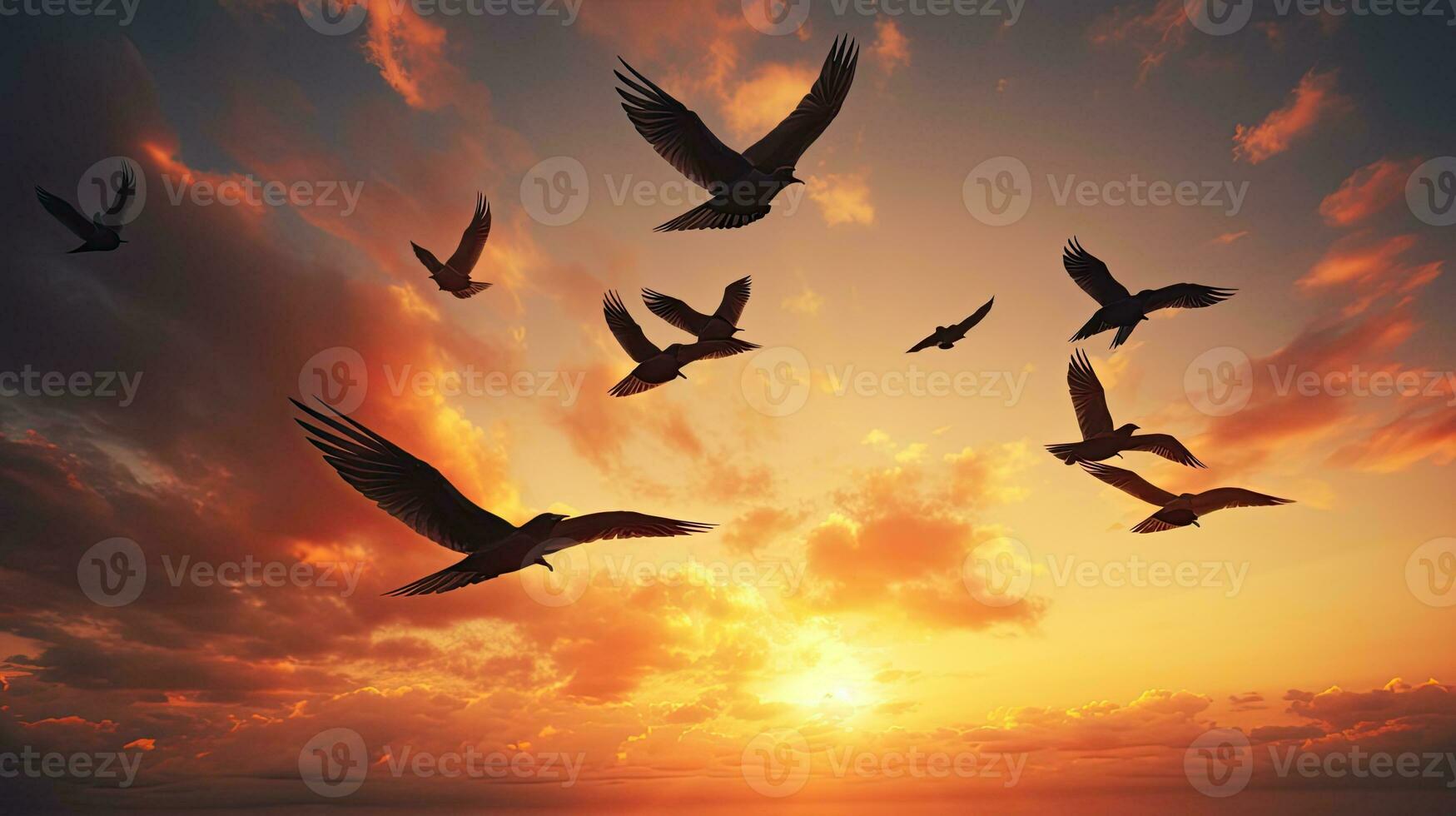 Group of birds soaring in the air outlined birds photo