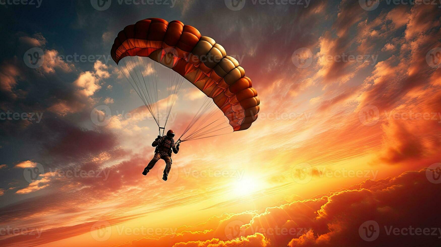 A solitary parachuter gracefully glides through the vibrant sky outlined by the setting sun photo