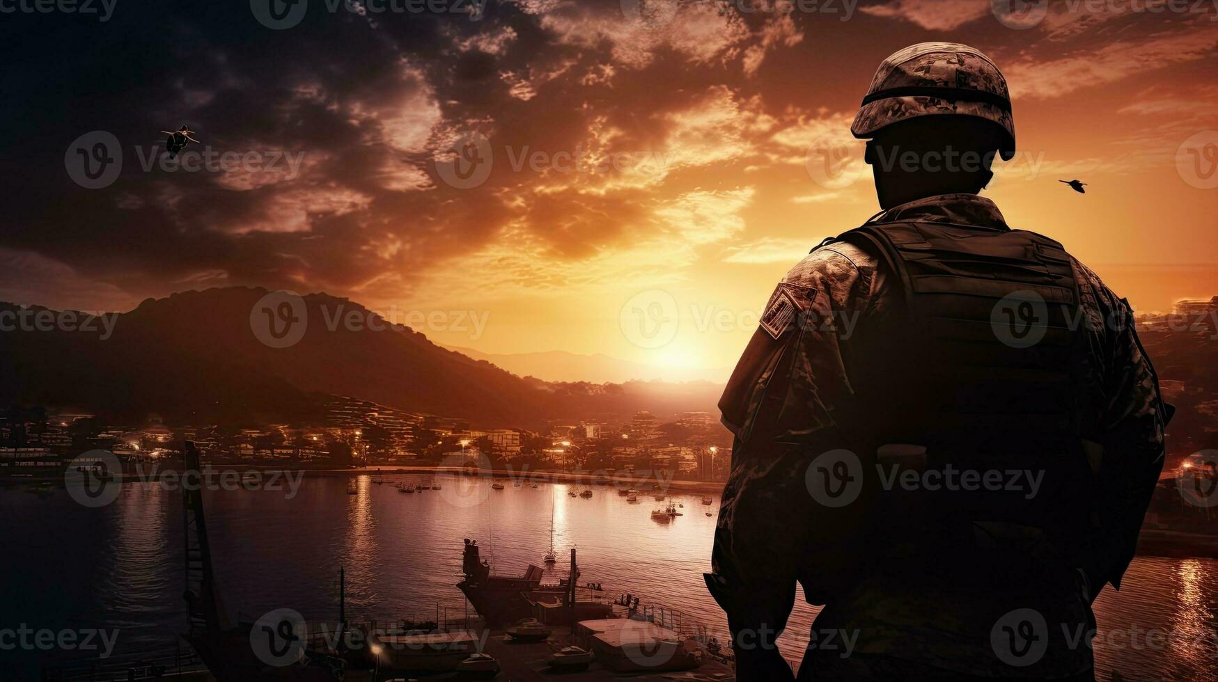 Soldier saluting with coastal town in background symbolizes protection patriotism and honor photo