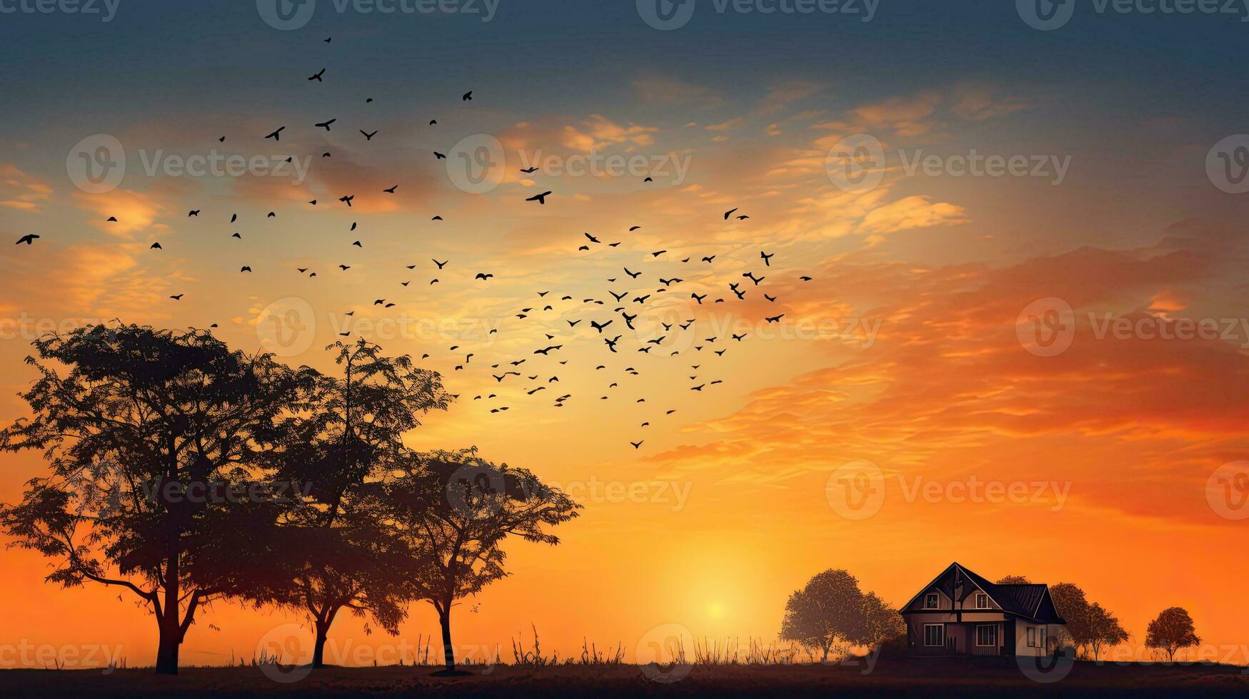 Trees and home outline with birds in sunset sky creating a peaceful nature atmosphere photo