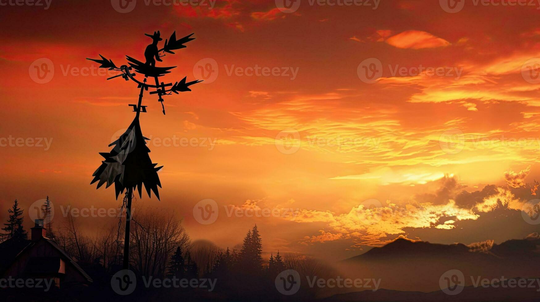 Weather vane silhouette witch on broomstick dawn sky above mountains photo