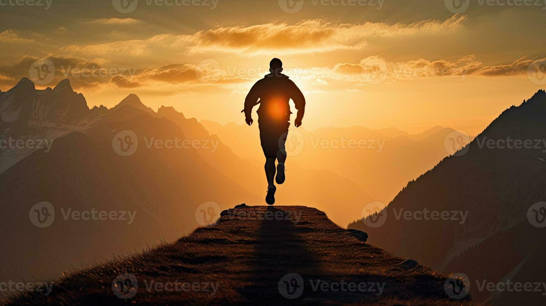 Man doing sunset exercise on mountain silhouette photo