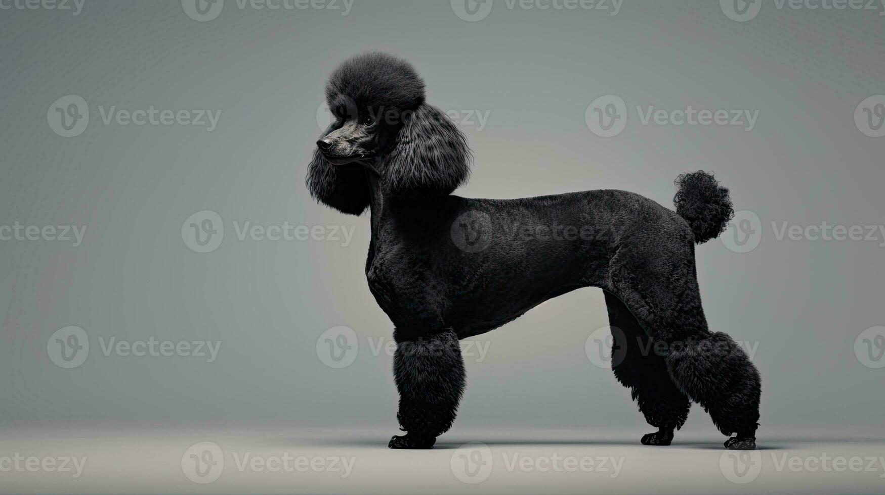Black poodle standing in studio on gray background photo