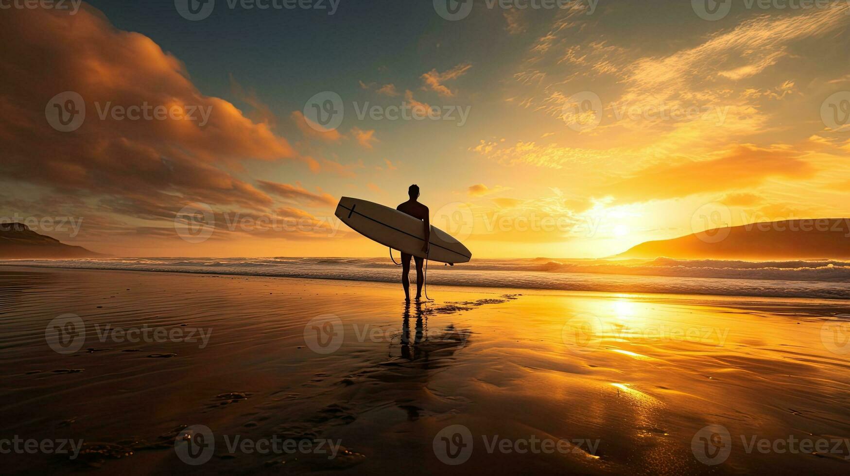 Man walking by the ocean with a surfboard photo
