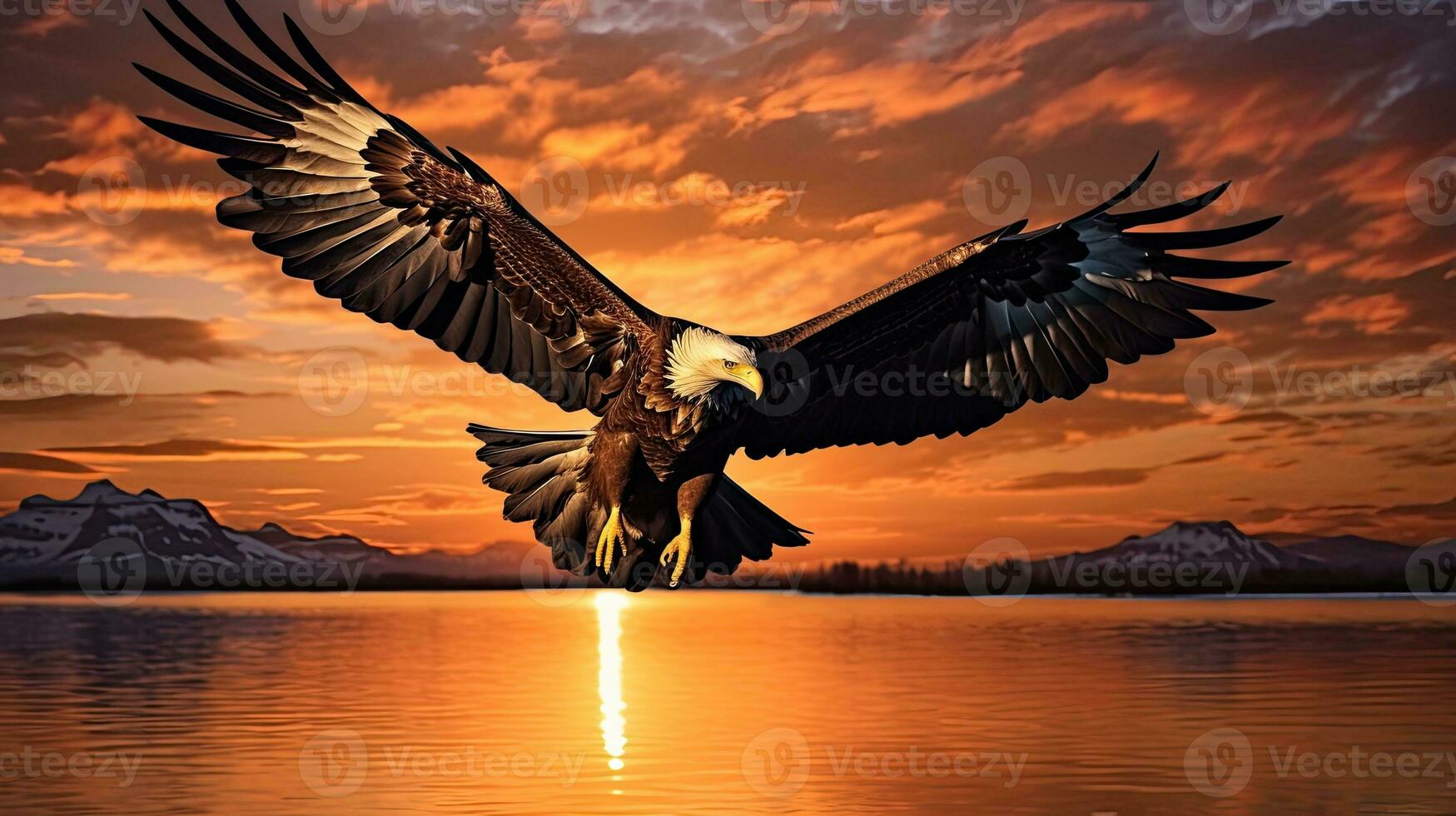 Silhouette of majestic sea eagle flying at sunrise in Hokkaido Japan isolated bird silhouette against colorful sky and clouds as wallpaper photo