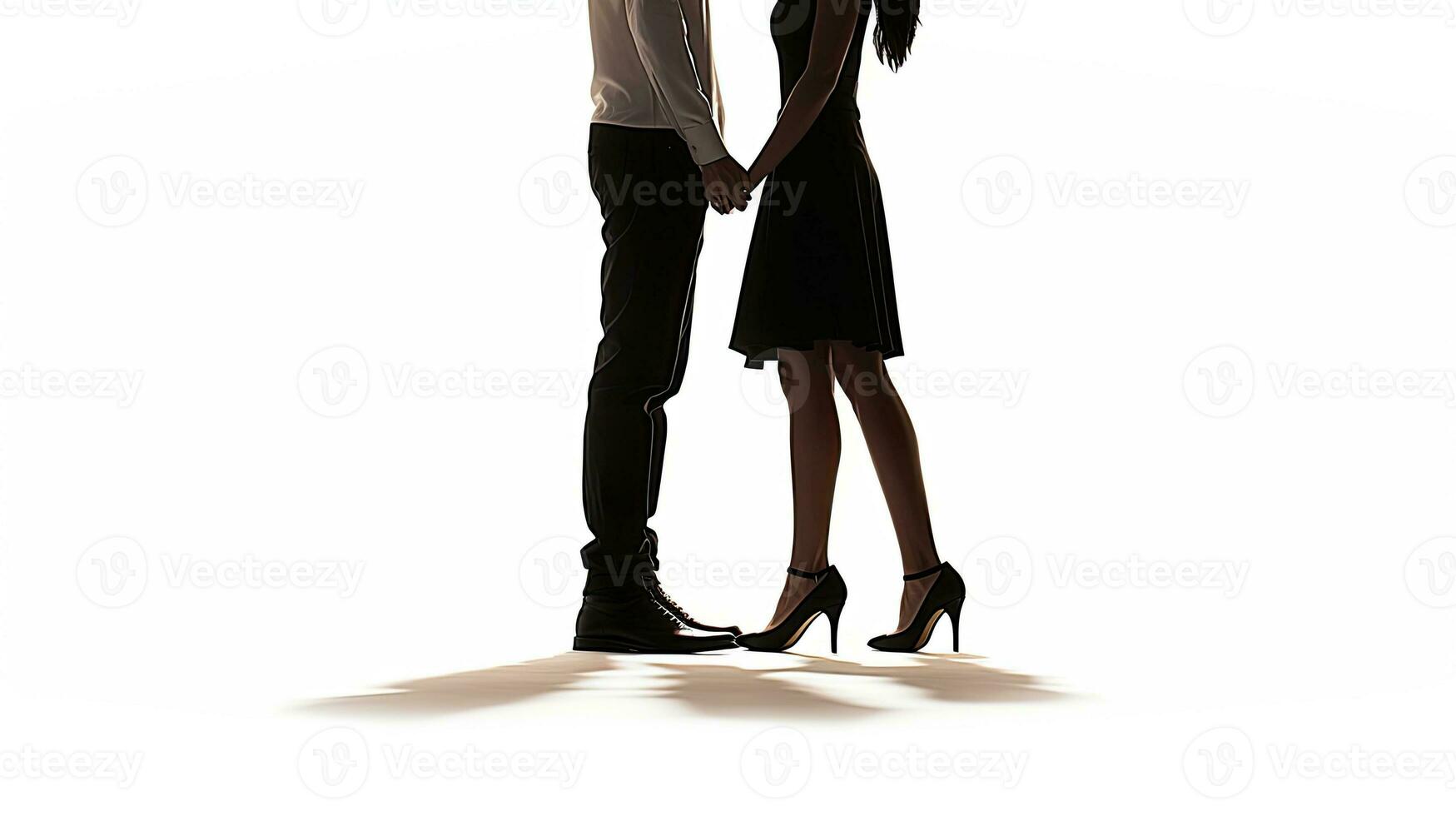 Silhouette of a couple tenderly tiptoeing in a studio isolated on a white background photo