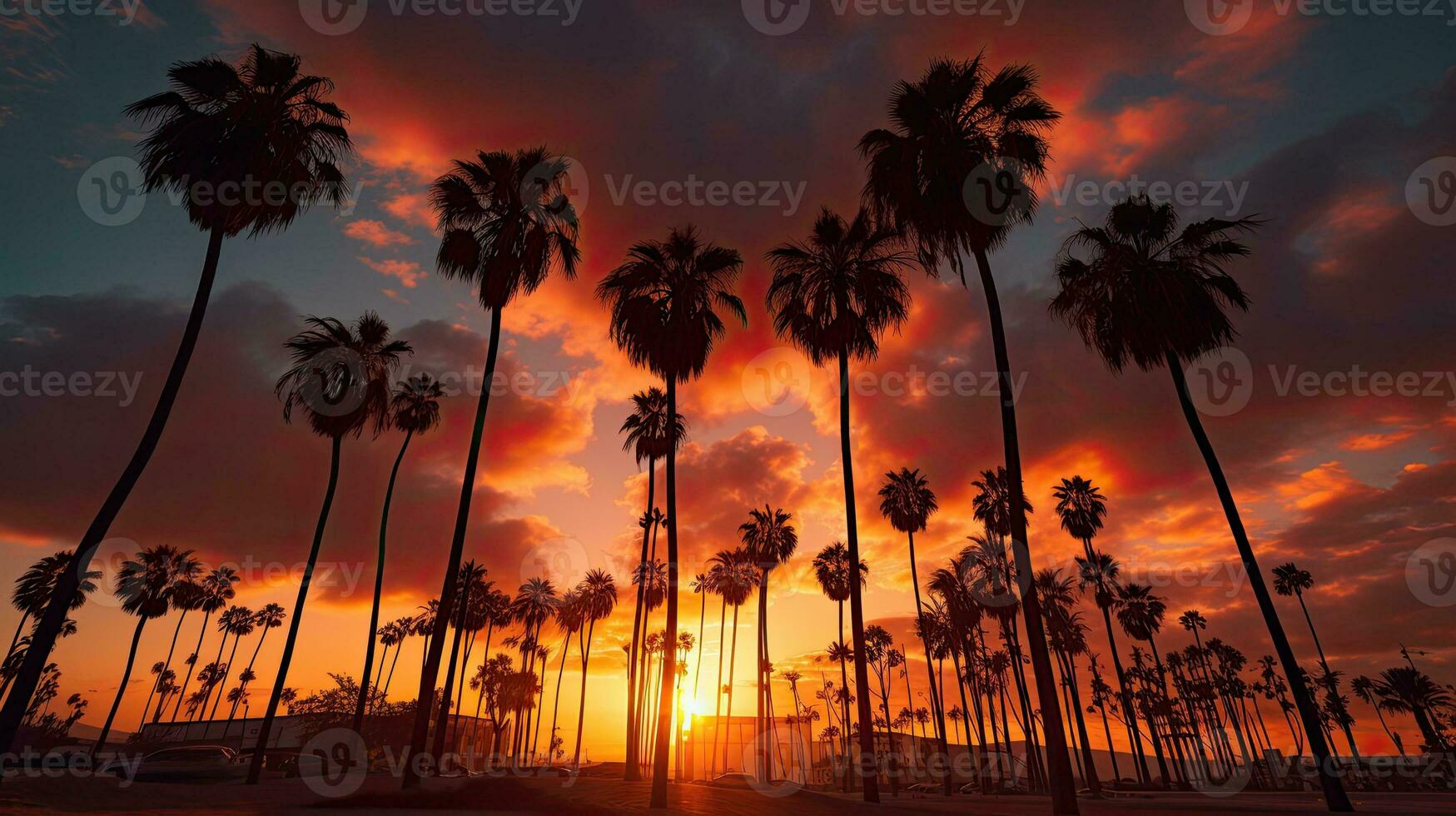 Stunning sunset in LA California with palm trees photo