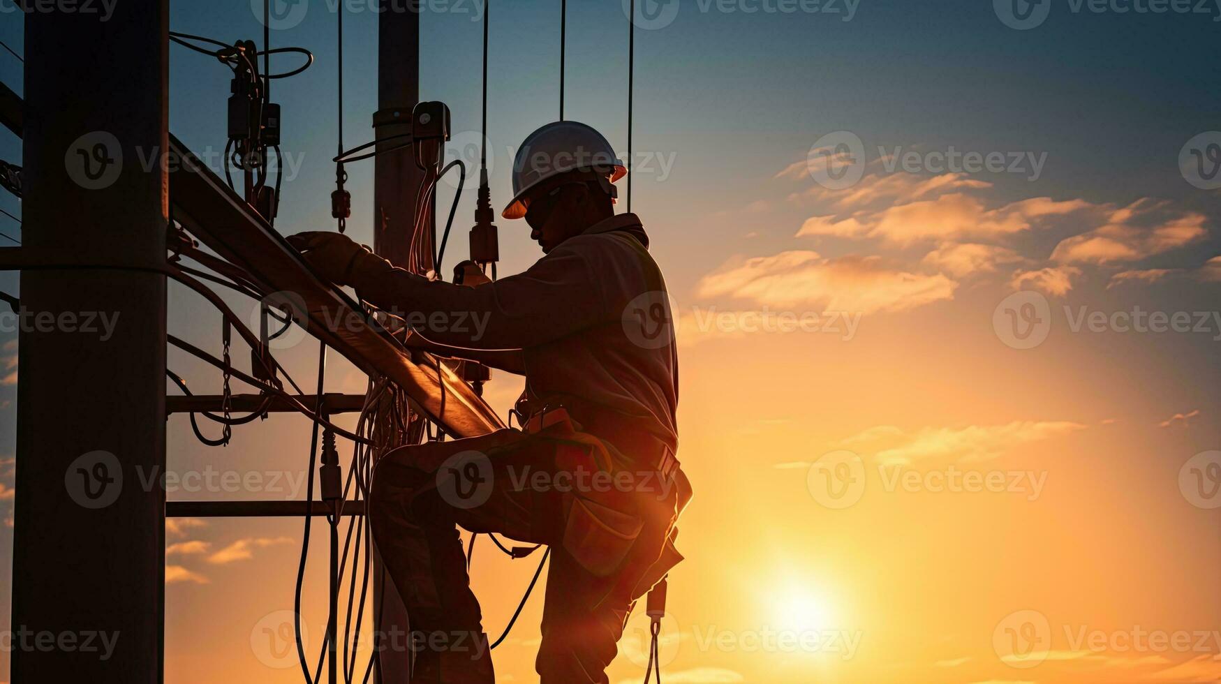 High voltage tower work for installing wires and equipment photo