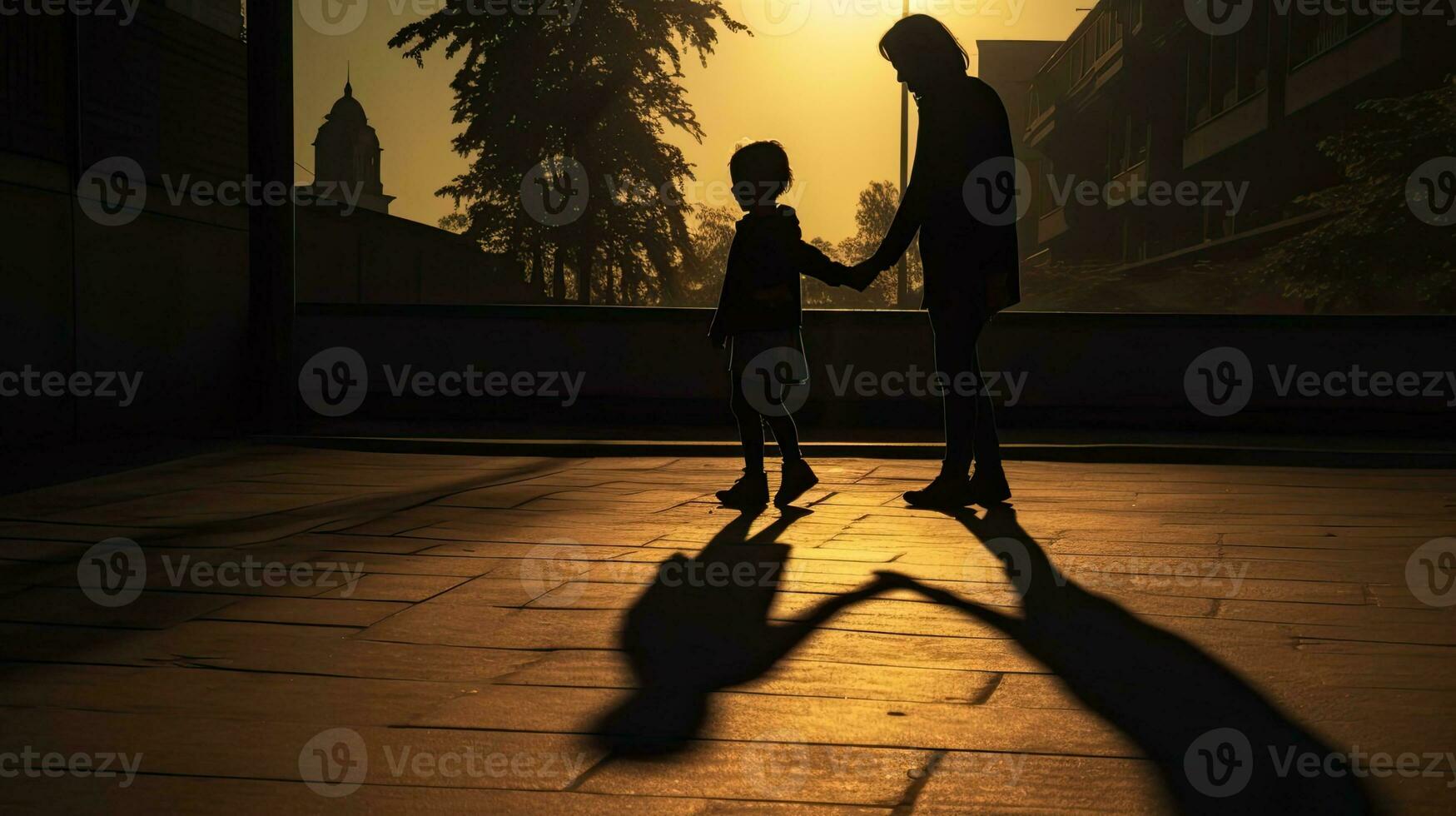 Silhouette of mother and child holding hands on the sidewalk photo