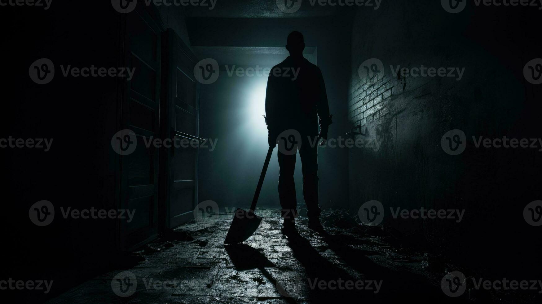 Dark hallway with man holding axe creates terrifying murder scenes photo