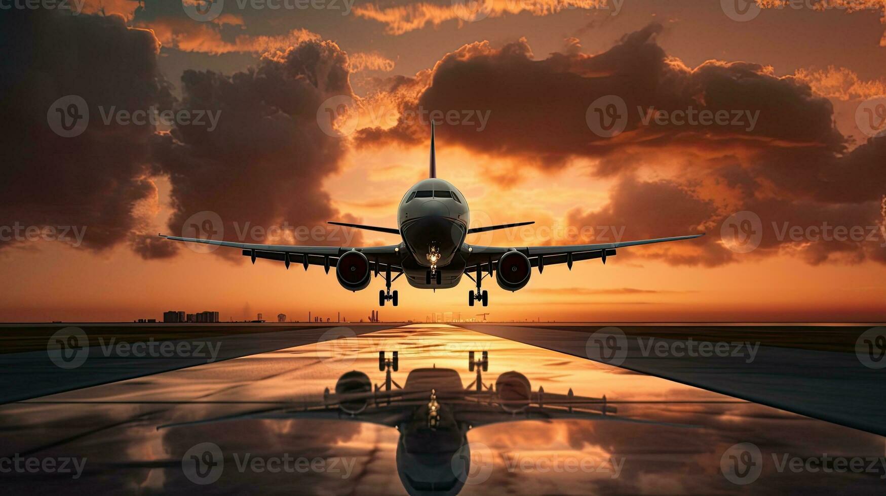 avión tomando apagado y aterrizaje a puesta de sol con nublado cielo foto