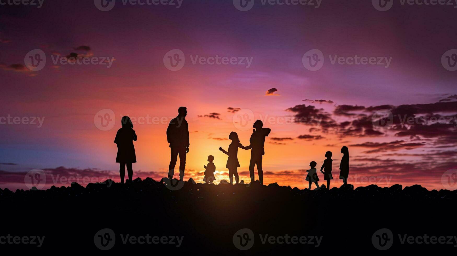 A diverse group admiring the evening sky outdoors photo