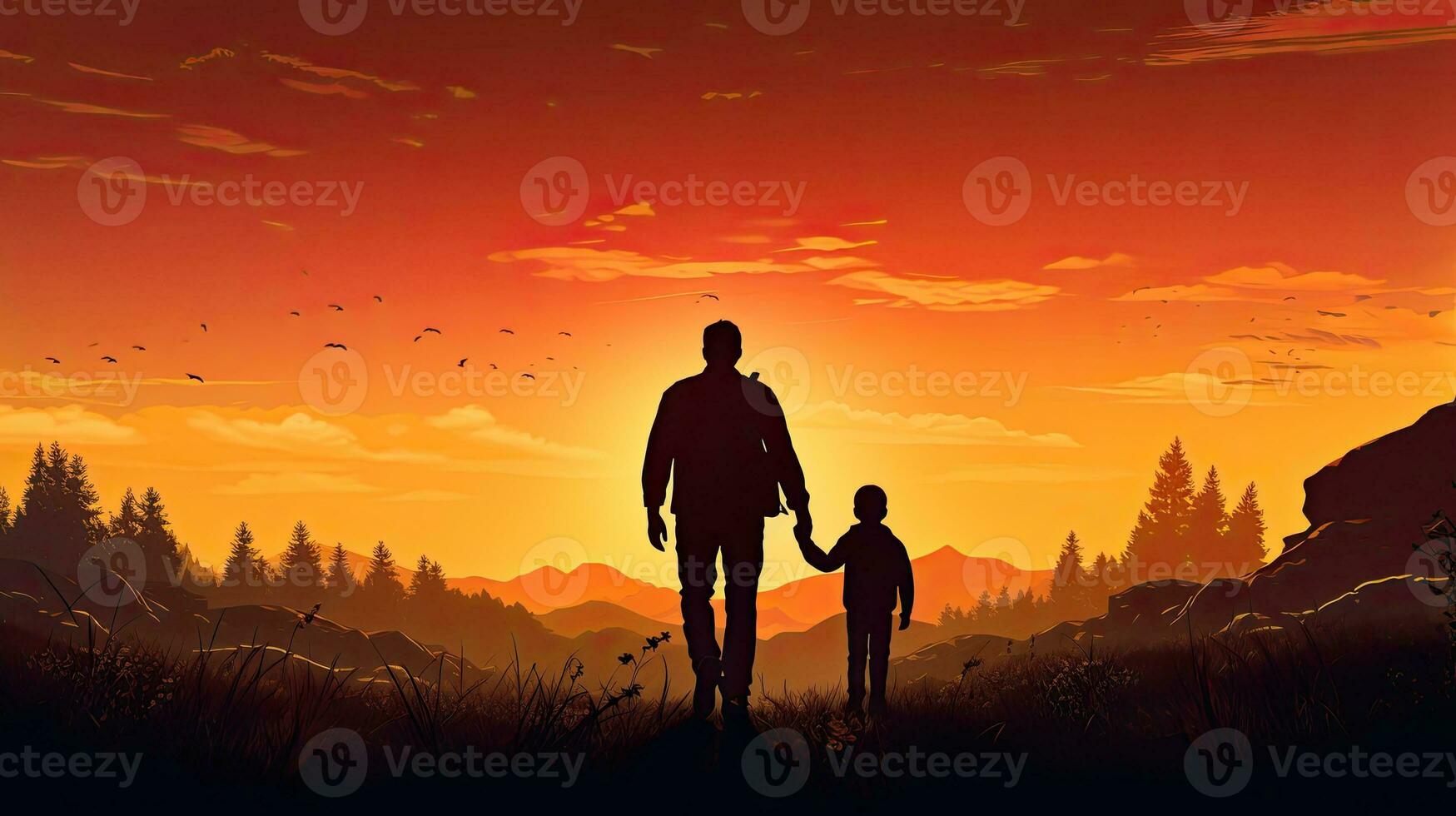 International migrants day Silhouettes of a father and son holding hands on an autumn meadow at sunset photo