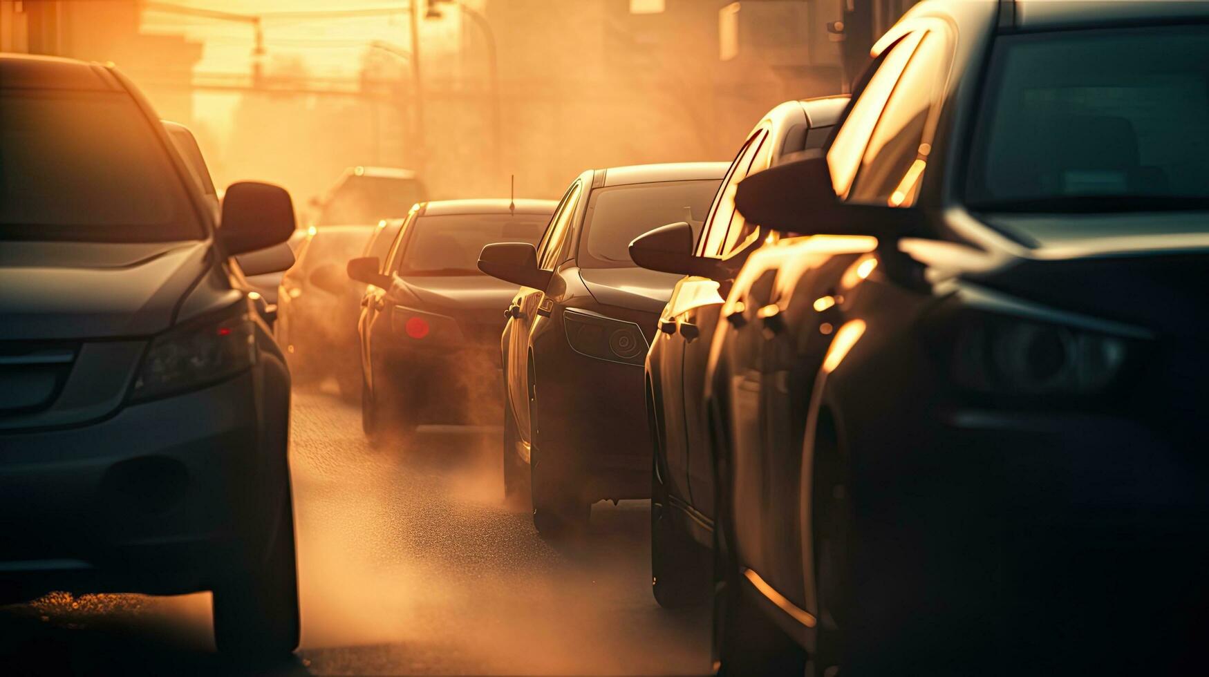 Cars in a traffic jam seen through steamy exhaust pipes photo