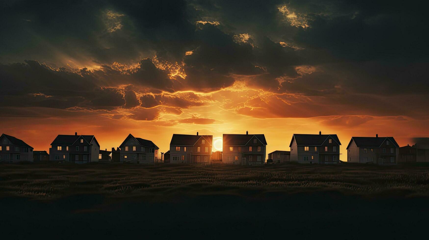 Silhouetted rural houses in a square shot at sunset photo