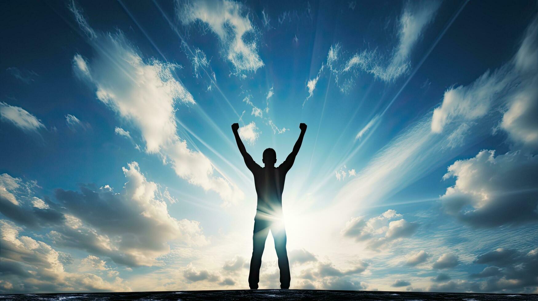 Man s silhouette against blue sky in victorious pose photo