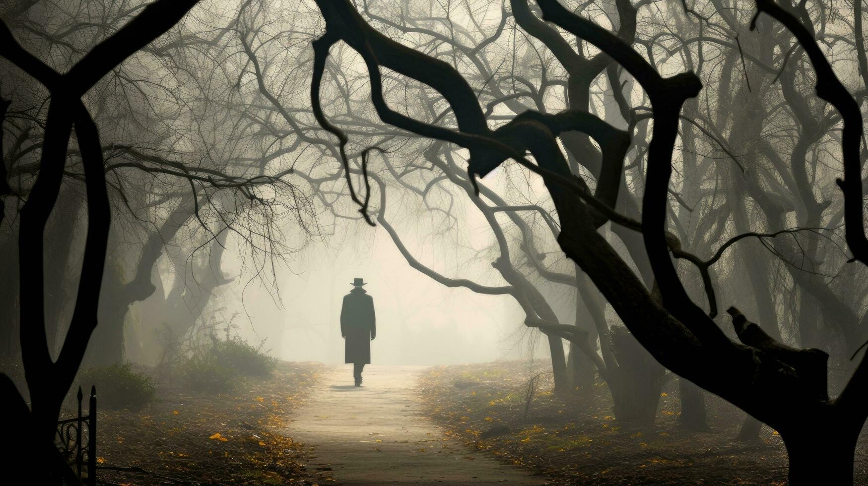 A man in a gray coat and hat walks in a magical garden an autumn park with barren trees Fog loneliness and mist surround him Strange whimsical branches photo