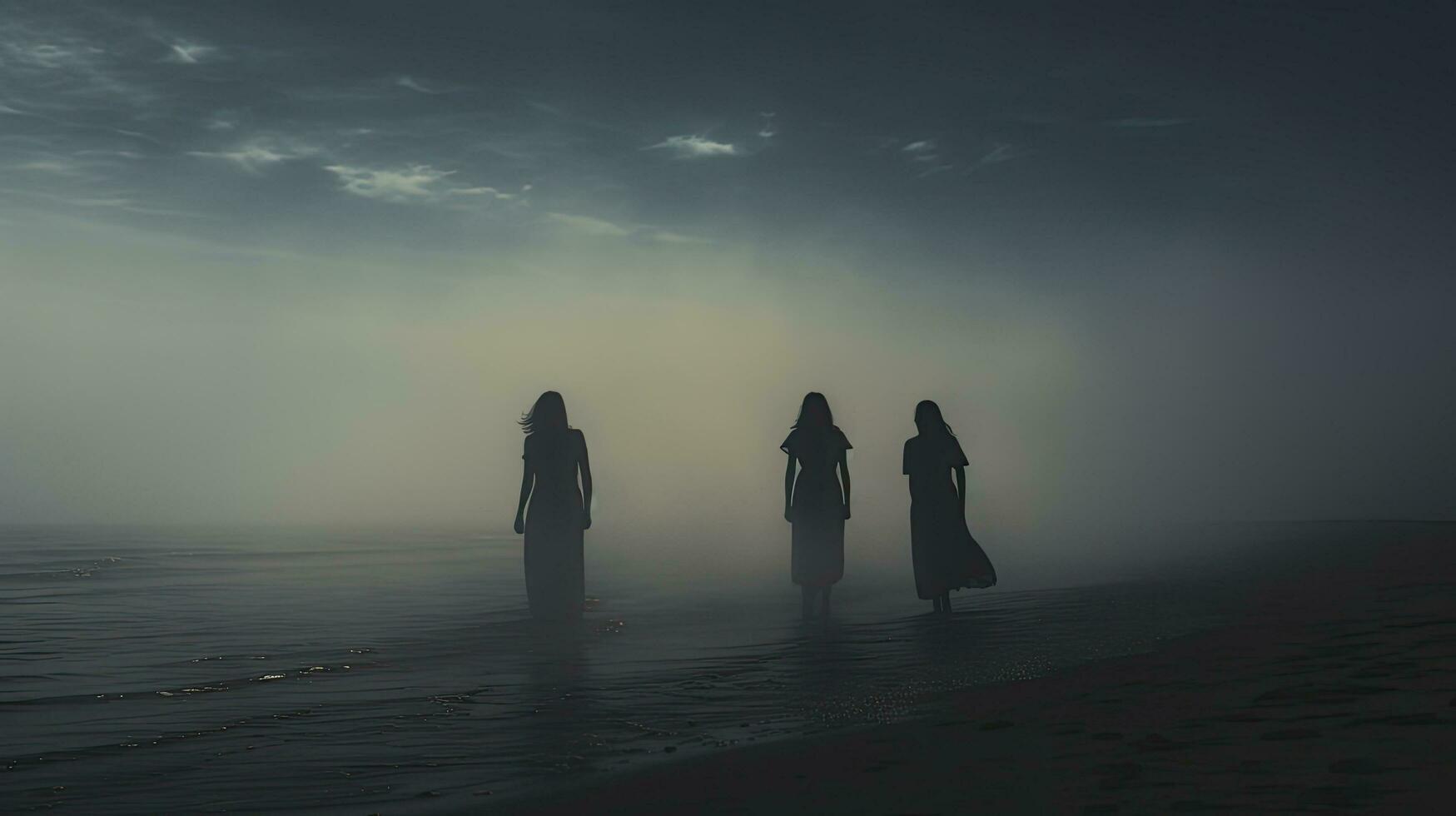 Silhouetted individuals on the beach during summer fog photo