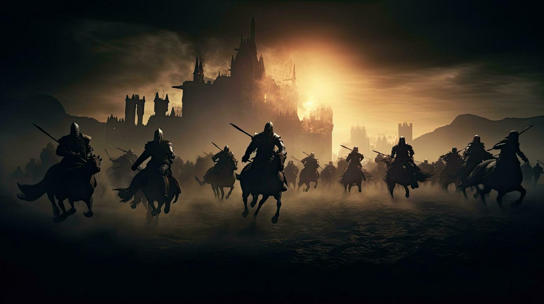 Dark medieval battle scene with silhouetted cavalry and infantry warriors fighting in front of a foggy castle photo