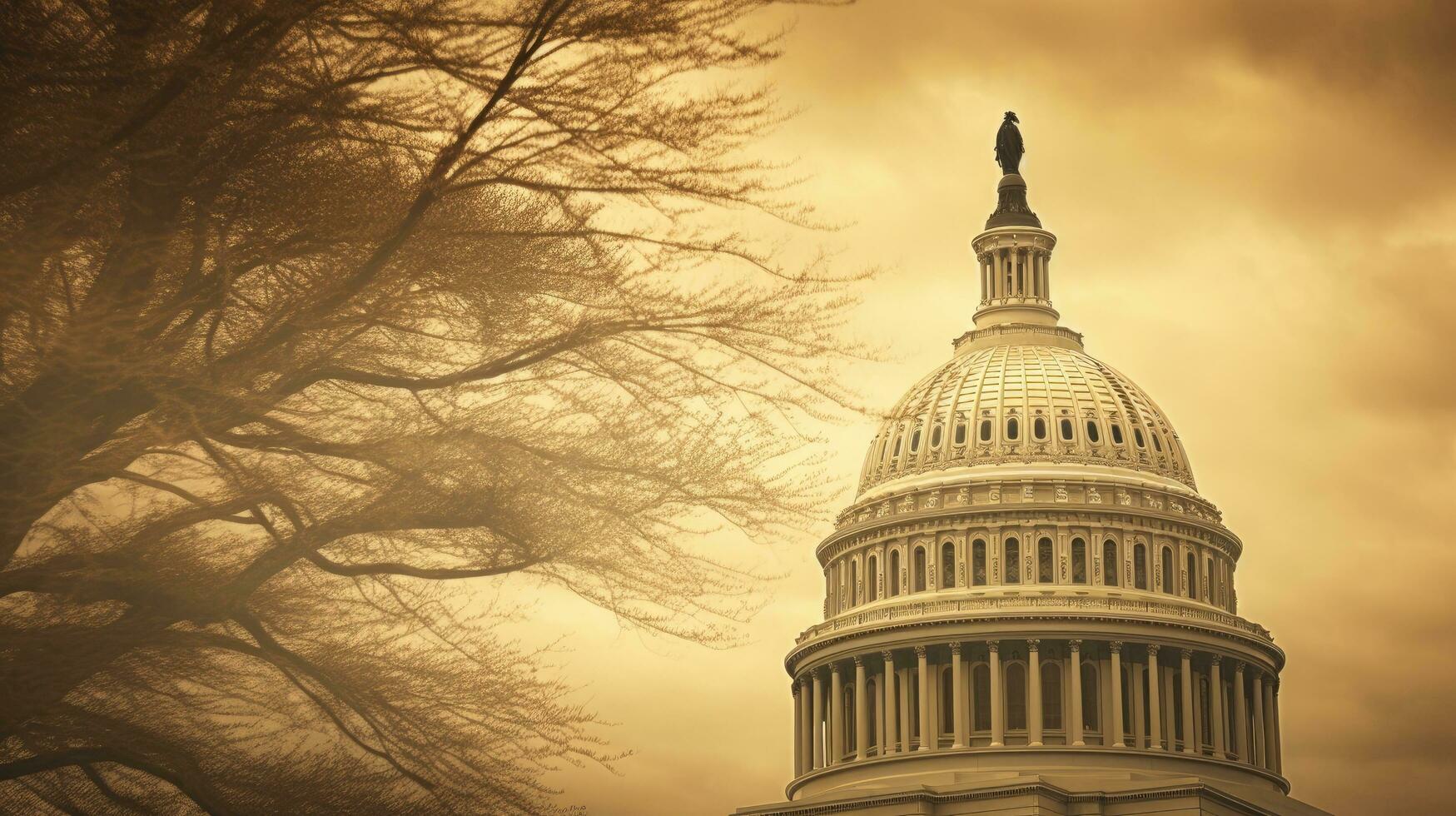 Sepia toned United States Capitol dome detail with dramatic sky tree branches silhouette photo