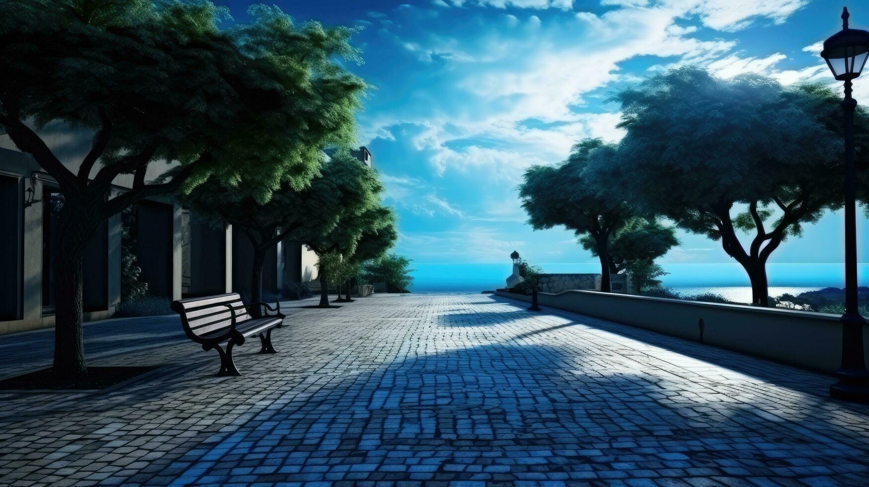 Deserted street with serene garden backdrop and clear blue sky photo
