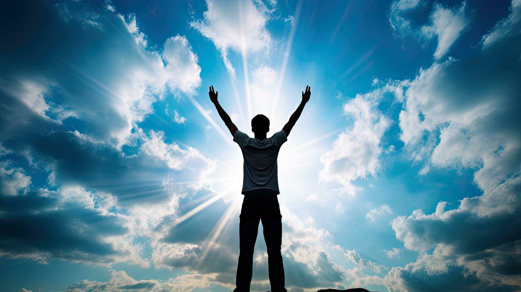 Man s silhouette against blue sky in victorious pose photo