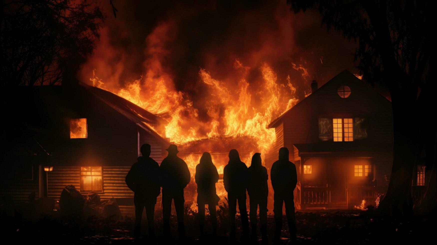 Silhouetted people amidst a towering inferno at night photo