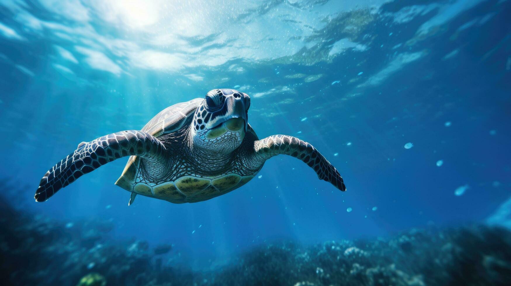 Silhouette of sea turtle gazing upwards from ocean photo