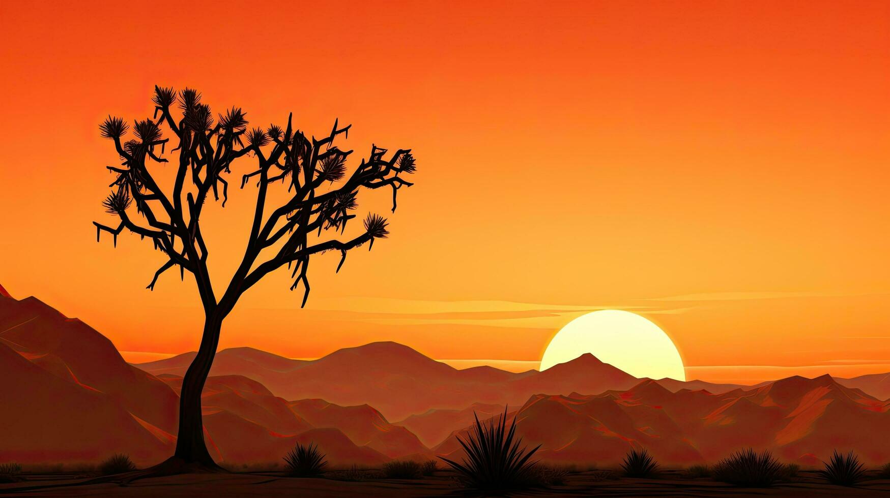 Yucca tree silhouetted against mountains at sunset in Joshua Tree national park photo