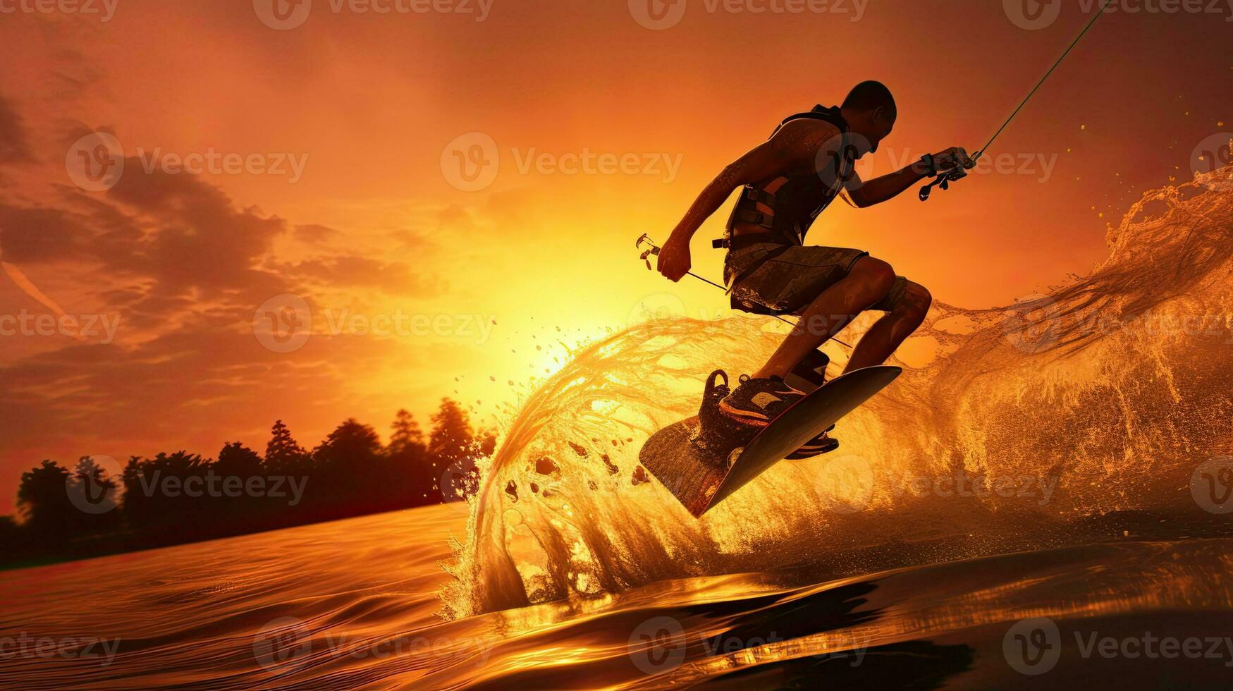 Wakeboarder performing tricks at sunset photo