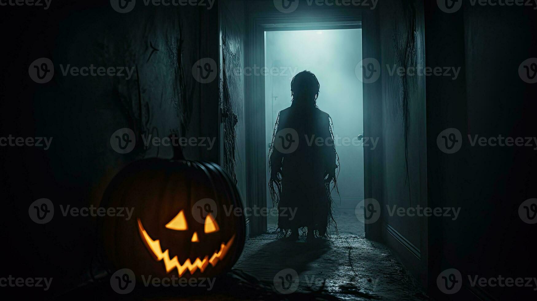 Halloween theme Eerie figure in dim hallway with jack o lantern head Softly lit foggy backdrop Blurred focus Extended exposure photo