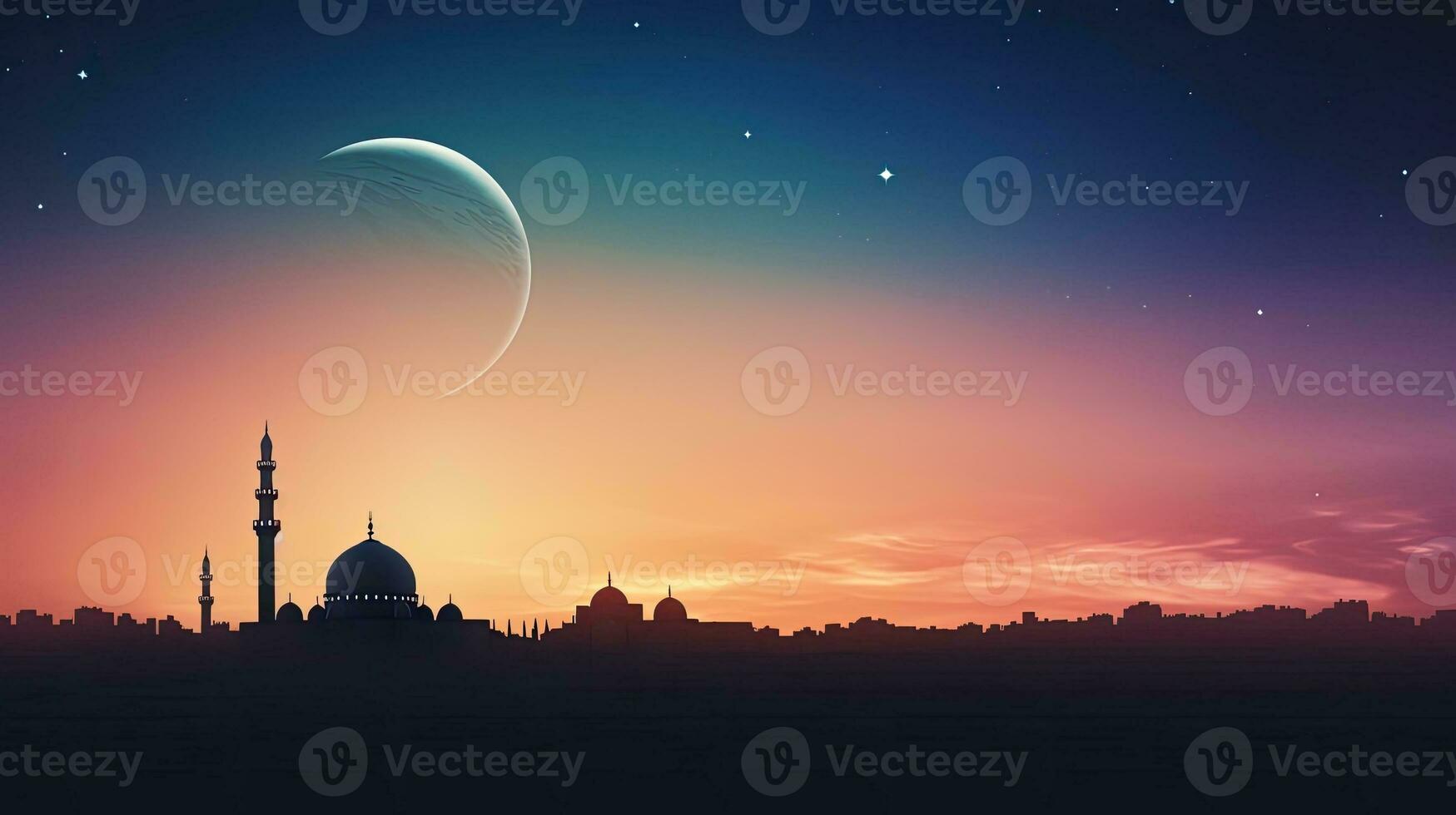 Mosques at twilight with crescent moon representing Islam s holy occasions photo